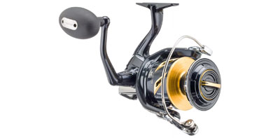 A modern spinning reel with a fishing line and a homemade spoon